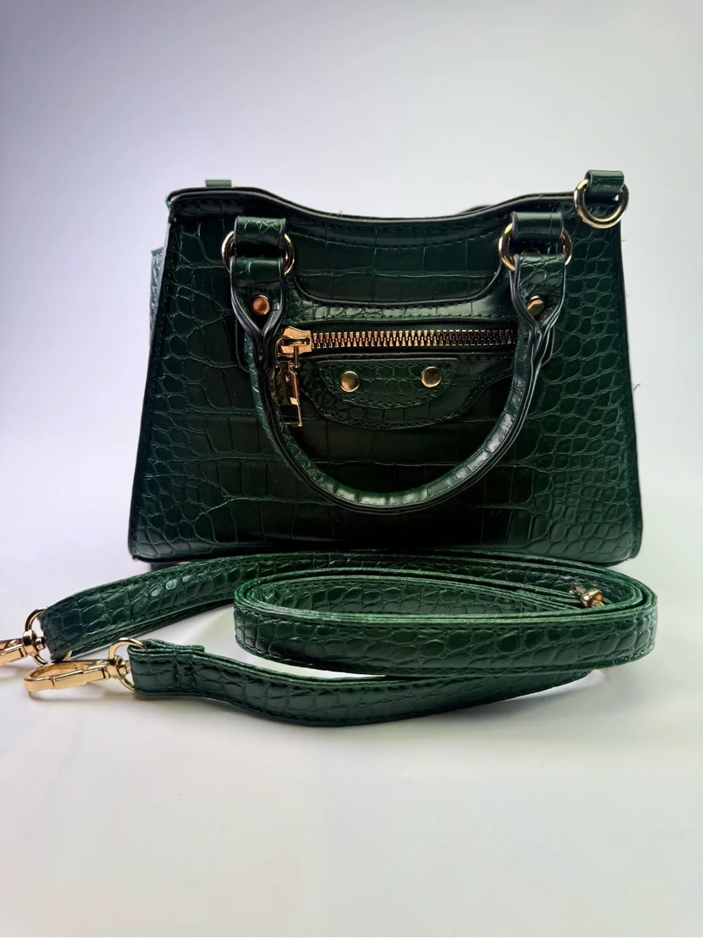 Women’s Green Faux Croc Embossed Satchel Crossbody Handbag Gold Toned Hardware